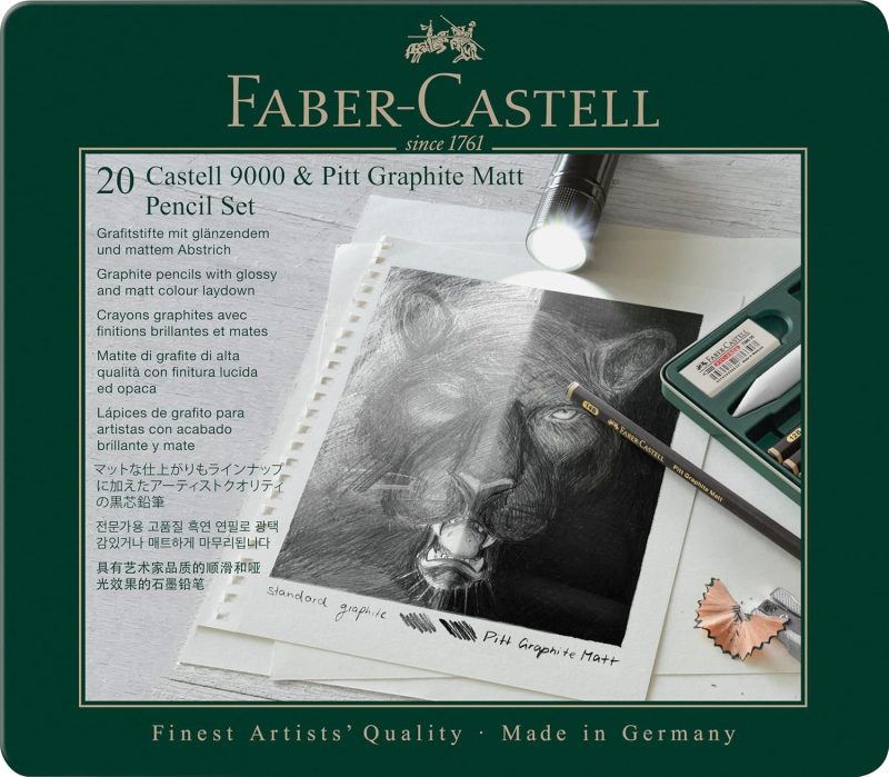 Σετ Μολύβια Faber Castell Pitt Graphite + Mat σε μεταλλική κασετίνα, ξύστρα και γόμες 20 τεμ