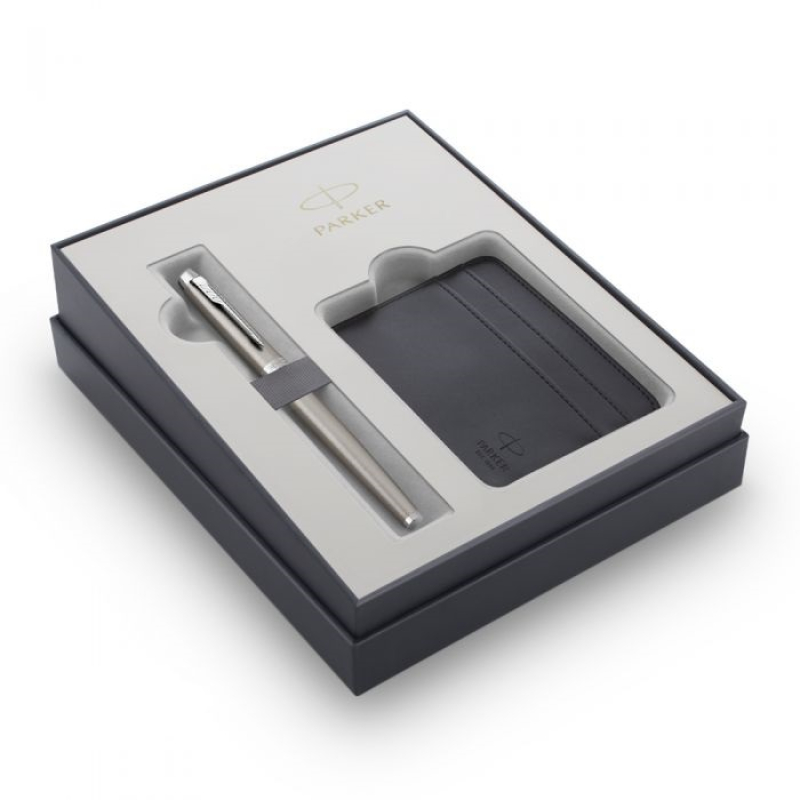 Σετ Parker ΙΜ Πένα Essential Stainless Steel CT με δερμάτινη θήκη καρτών