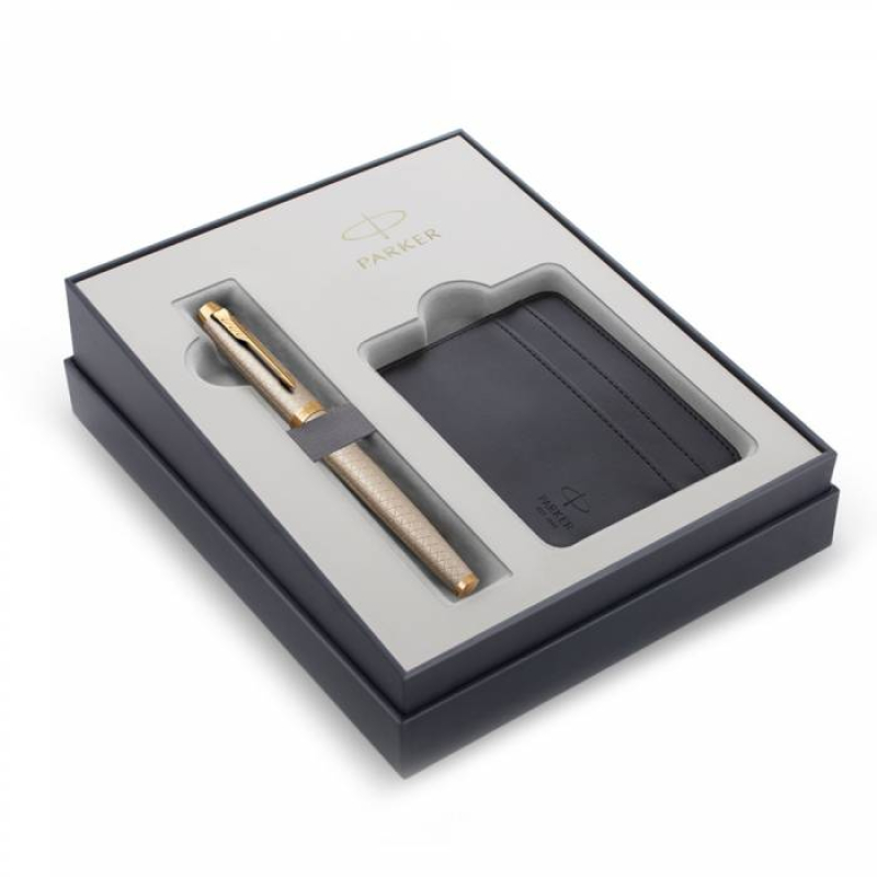 Σετ Parker ΙΜ Rollerball Premium Warm Grey GT με δερμάτινη θήκη καρτών