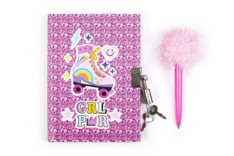 Σημειωματάριο Tri-Coastal με κλειδαριά και στυλό pom pom glitter Girl Power