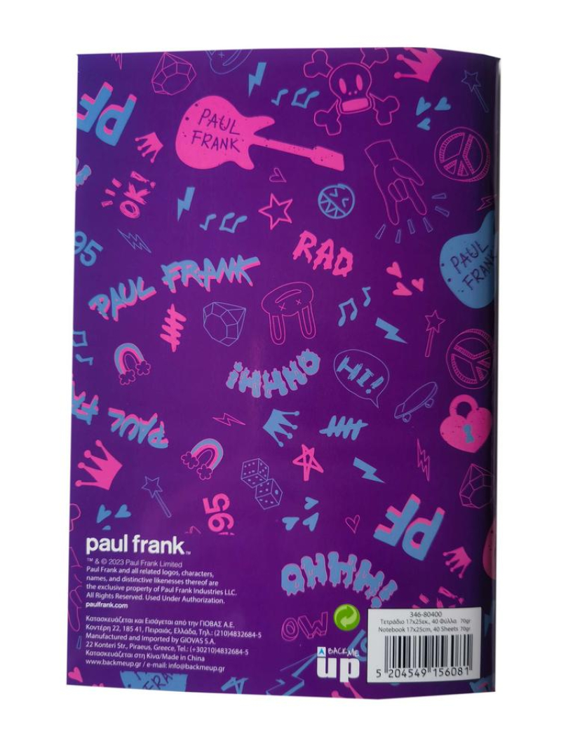 Τετράδιο καρφίτσα BMU Paul Frank Bubble - Punk 17x25 40Φ.